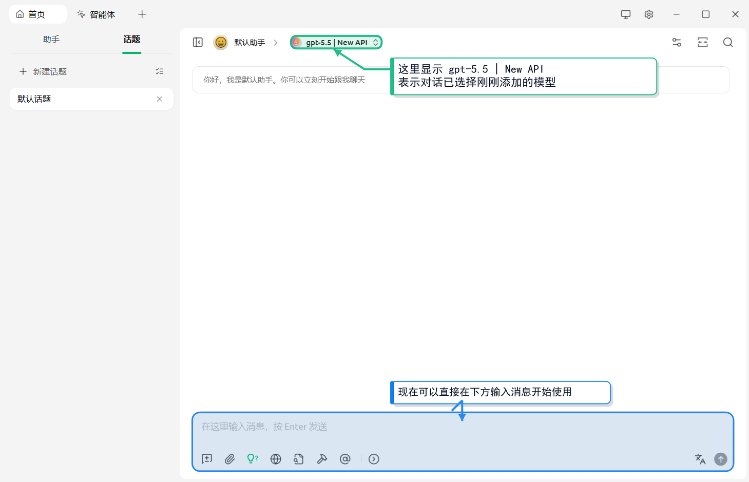 旧版对话界面顶部显示 New API 示例模型,输入框等待发送消息