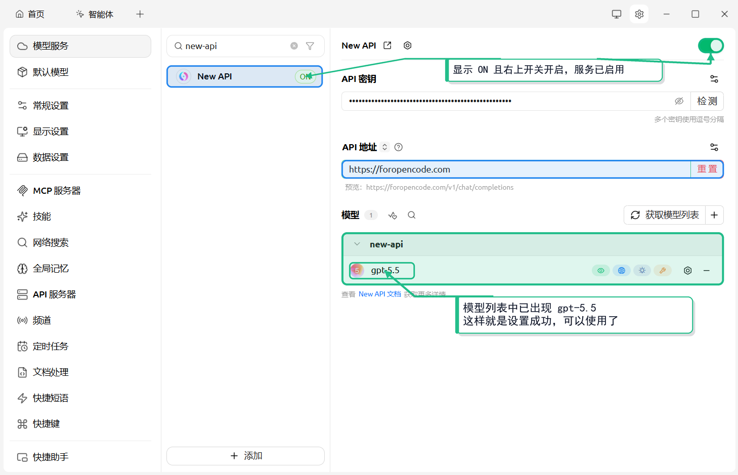 旧版设置页的 New API 开关和示例模型列表
